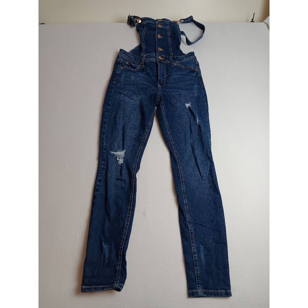 Celebrity Pink Womens Distressed Skinny Denim Overalls Dark Blue Size S 2587